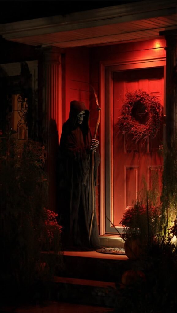 27 Stunning Halloween Door Decoration Ideas. Life-size grim reaper prop beside a red-lit halloween front door decoration