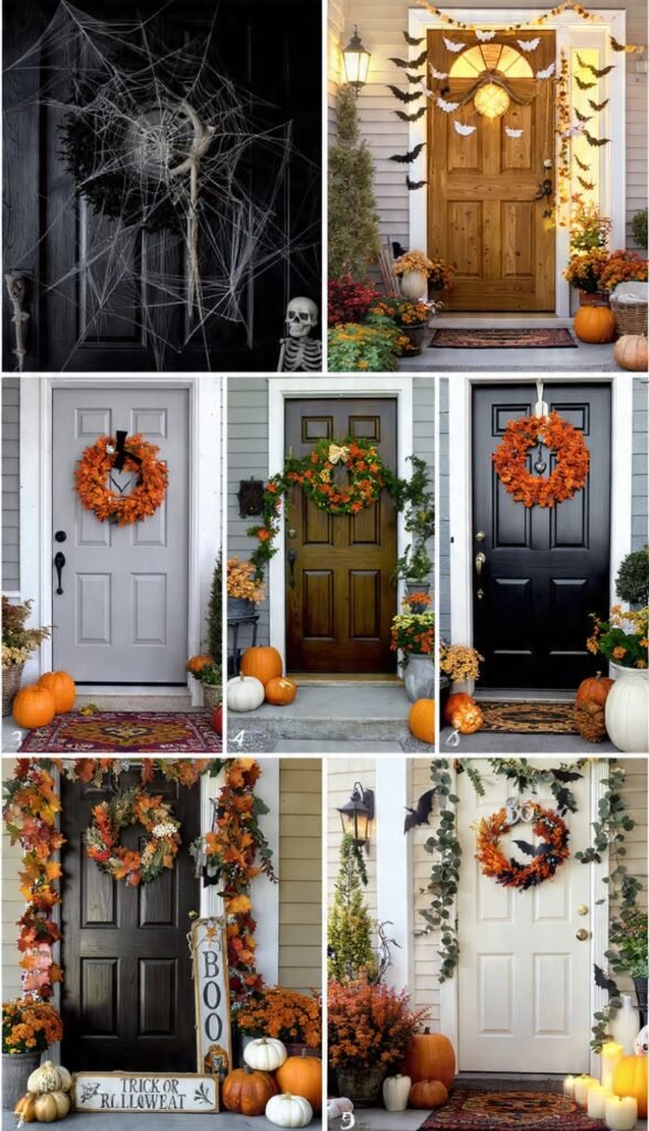 27 Stunning Halloween Door Decoration Ideas. Collage of halloween door decoration ideas including wreaths, garlands, and spooky door wraps