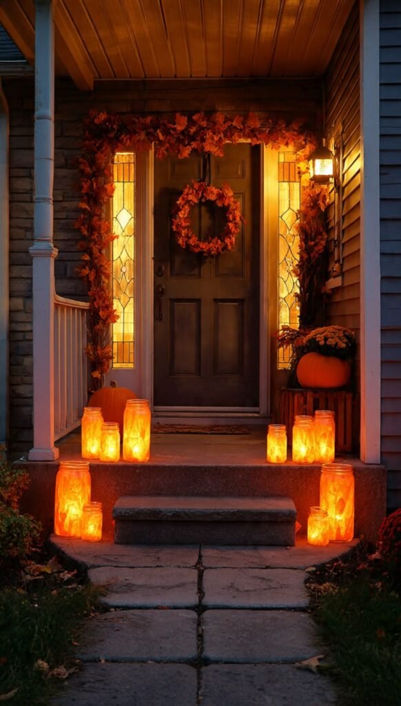 27 Stunning Halloween Door Decoration Ideas. DIY halloween door decor idea with mason jar luminaries lining the front steps