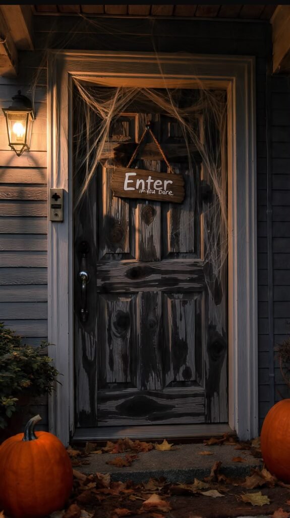 27 Stunning Halloween Door Decoration Ideas. Halloween door sign reading Enter If You Dare with spiderwebs at dusk