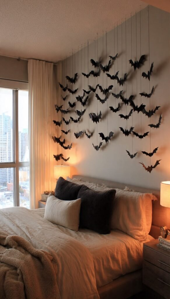 Halloween Wall Decor: Bold Ideas for 2026 DIY paper bat cluster hanging above bedroom bed with warm string lights