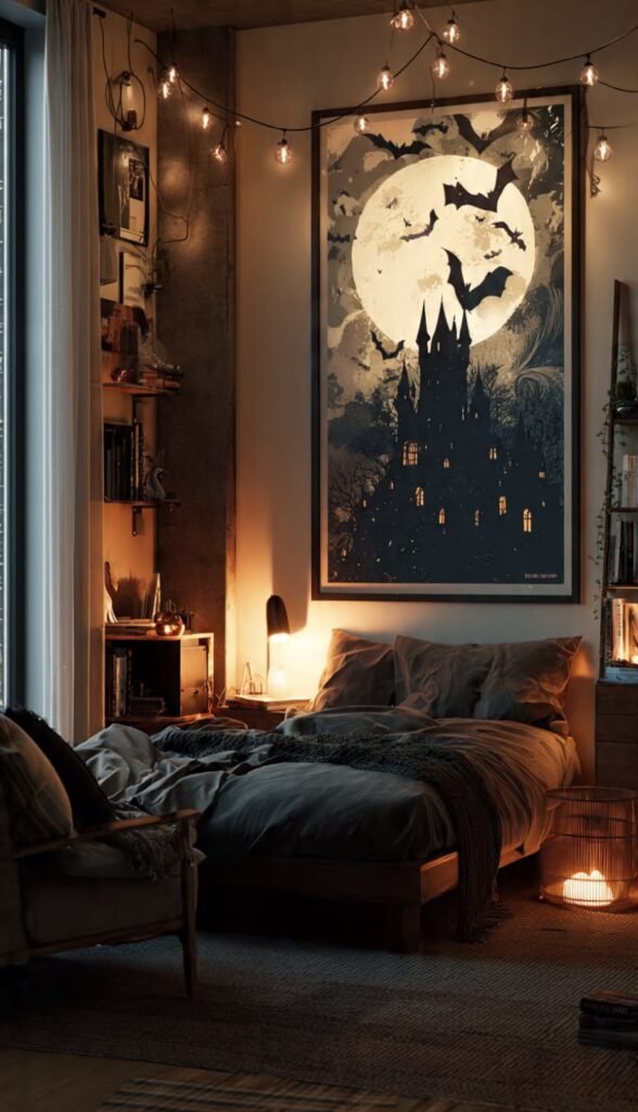 Halloween Wall Decor: Bold Ideas for 2026 Gothic Halloween wall poster with bats and haunted castle above bedroom bed