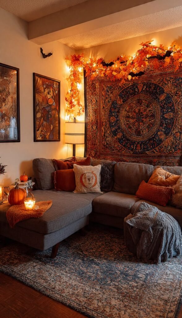 Halloween Wall Decor: Bold Ideas for 2026 Halloween living room accent wall with tapestry, string lights, and autumn garland above sectional sofa