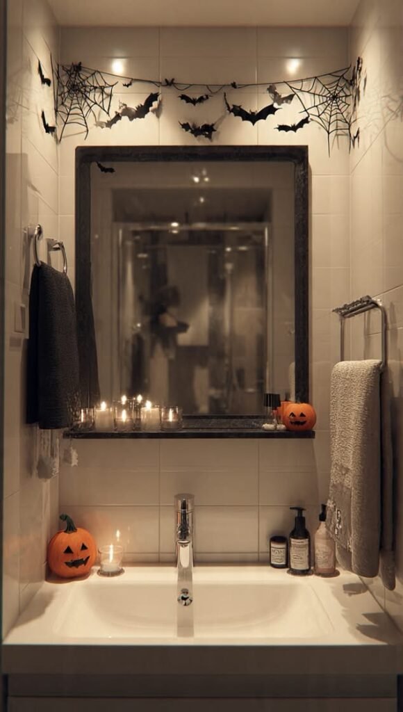 Halloween bathroom decor styled around a mirror with water-resistant hooks and small accents