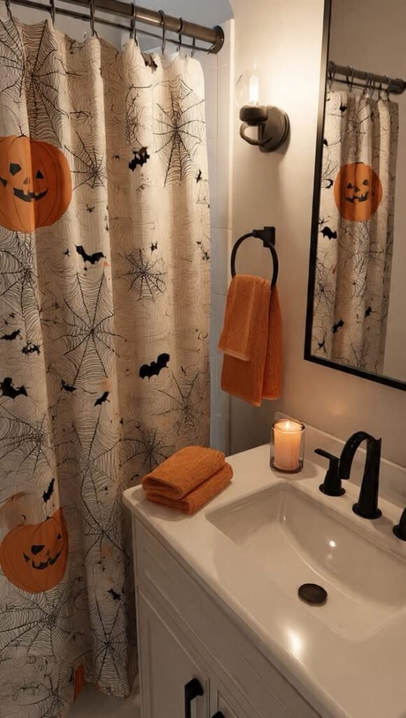 small bathroom with a themed Halloween shower curtain and single mirror decal