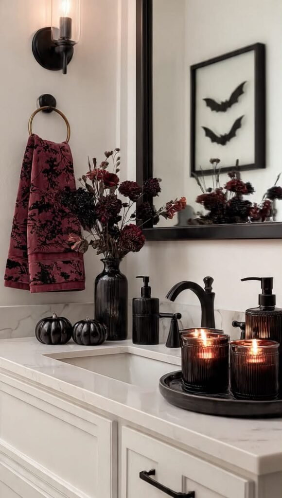 adult styled Halloween guest bathroom with plum towels and amber candle