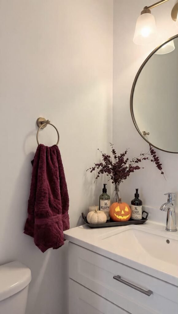 DIY vintage apothecary bottles styled on a bathroom counter for Halloween