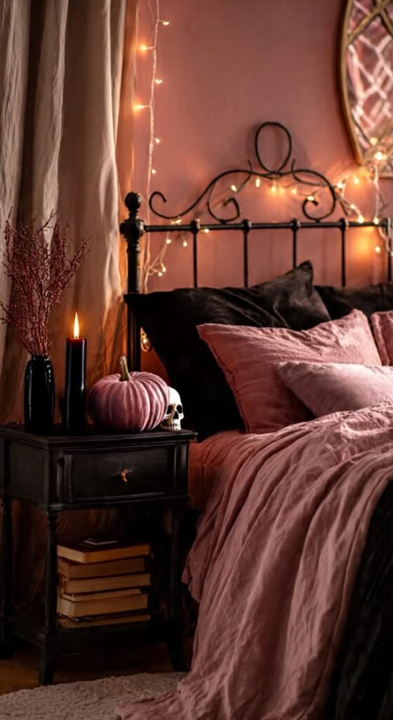 Pink Halloween Decor: 20 Ultimate Chic Ideas pink halloween room decor on a bedroom nightstand with mauve pumpkin string lights