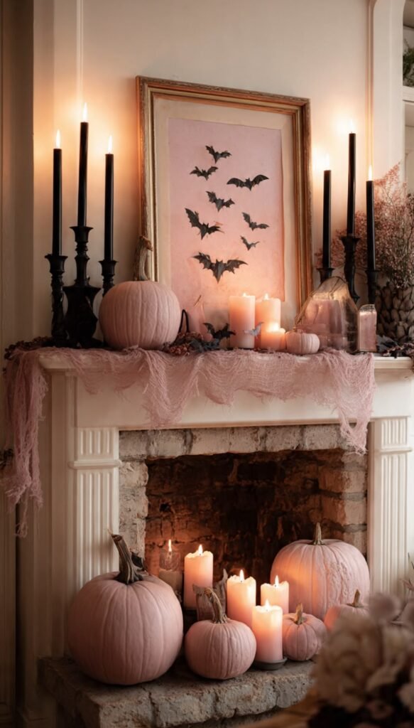 Pink Halloween Decor: 20 Ultimate Chic Ideas Pink Halloween decor fireplace mantel with bat art and pink pumpkins