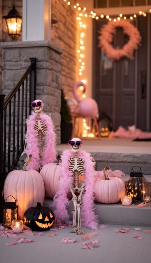 Pink Halloween Decor: 20 Ultimate Chic Ideas pink halloween porch decorating ideas with blush pumpkins, black lanterns, and warm string lights