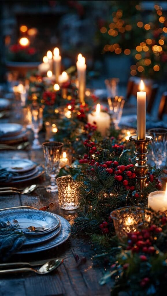 taper candles and votives clustered on a table decor for Christmas ideas on a dusk