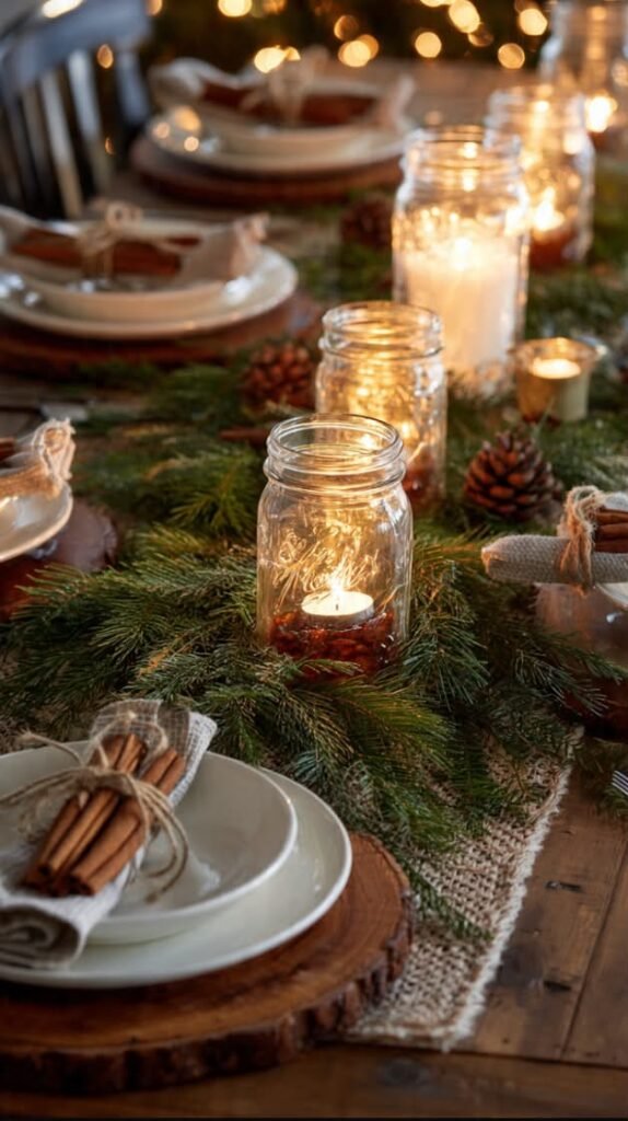 budget Christmas table setup using yard greenery, mason jars, and cinnamon sticks