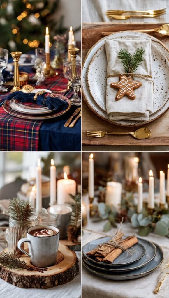 A four-panel collage of cozy Table decor for Christmas ideas settings featuring candles, evergreen branches, gingerbread cookies, plaid linens, rustic dinnerware, gold cutlery, and warm festive decor.