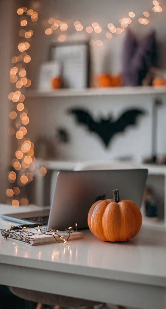 Office Halloween Decorations: Best 2026 Guide Minimal desk decorated with a small pumpkin, warm string lights draped around a laptop and notebook, with a bat silhouette on the wall behind