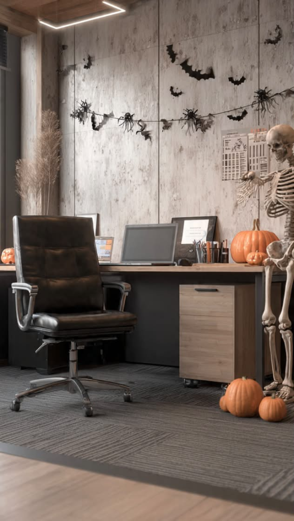 Office Halloween Decorations: Best 2026 Guide Office desk with a life-size skeleton figure, hanging bat and spider garland, and pumpkins on a concrete-panel wall