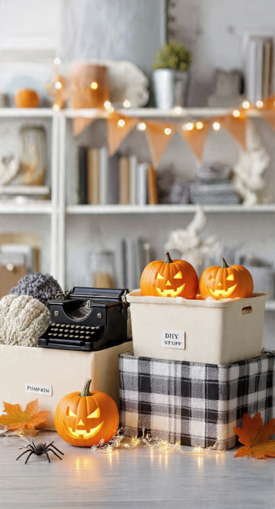 Office Halloween Decorations: Best 2026 Guide Storage bins labeled Pumpkin and DIY Stuff, packed with carved jack-o'-lanterns, string lights, and fall leaves, ready for setup