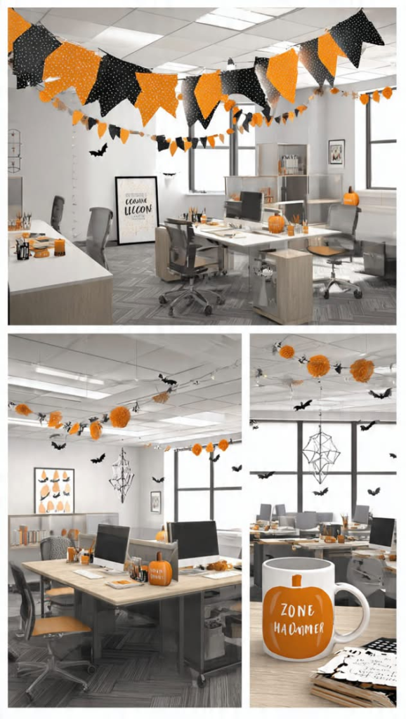 Office Halloween Decorations: Best 2026 Guide Collage of three office halloween decoration scales: full office pod with bunting garland, ceiling pom-pom and bat decor, and a desk with a pumpkin-themed mug labeled Zone Hammer