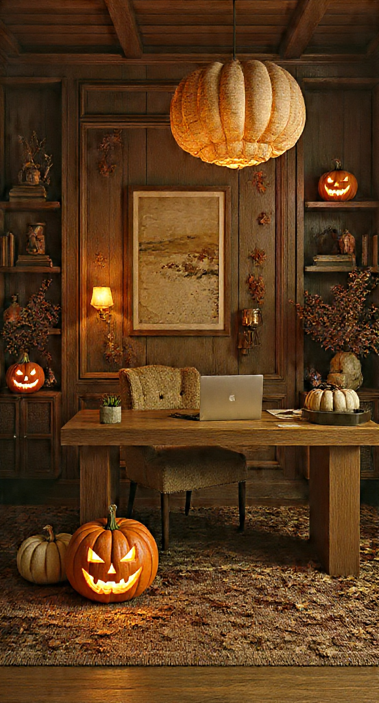 Office Halloween Decorations: Best 2026 Guide Warm, vintage-style office corner with carved jack-o'-lanterns, a glowing pendant lamp, wood paneling, and dried autumn foliage