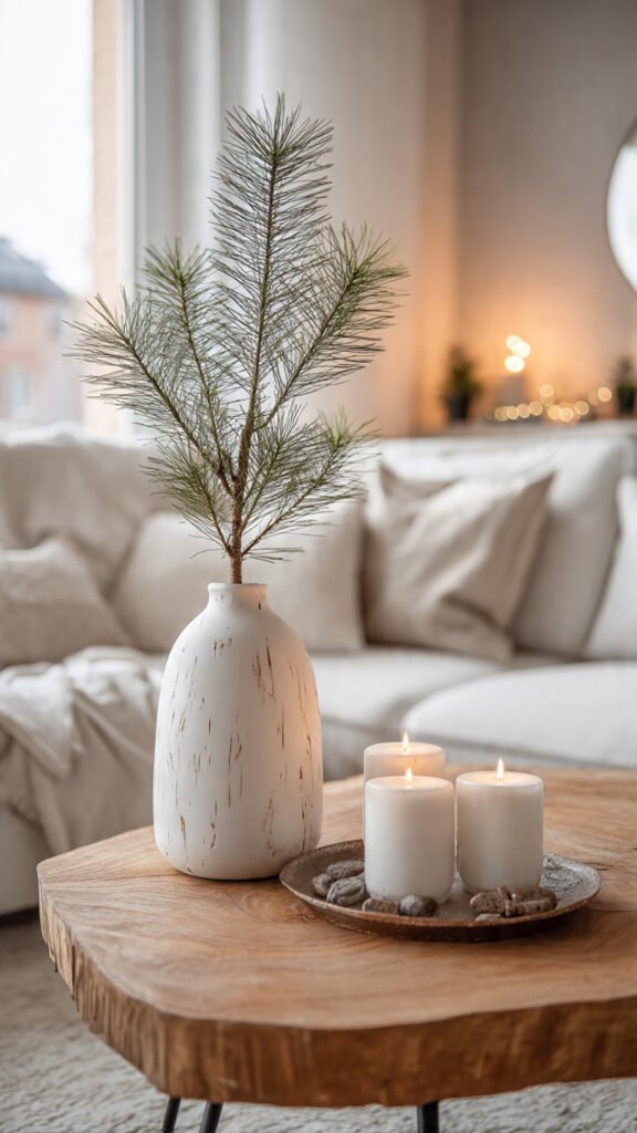 Christmas Coffee Table Decor: 7 Effortless Ideas Scandinavian minimalist Christmas coffee table decor with white ceramic vase and pillar candles