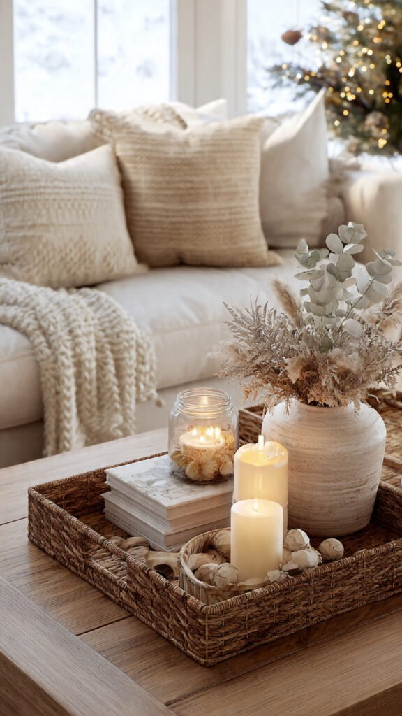 Christmas Coffee Table Decor: 7 Effortless Ideas Coastal neutral Christmas coffee table decor with woven tray and dried eucalyptus