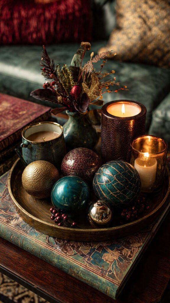 Christmas Coffee Table Decor: 7 Effortless Ideas Moody jewel-toned Christmas coffee table decor with emerald and burgundy glass ornaments
