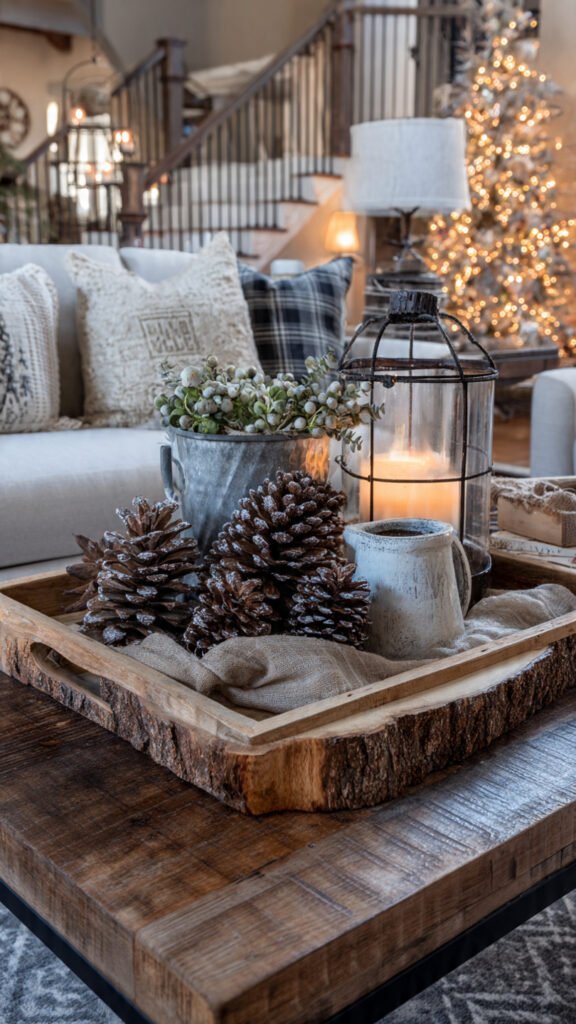 Christmas Coffee Table Decor: 7 Effortless Ideas Farmhouse rustic Christmas coffee table decor with pinecones, lantern, and galvanized bucket