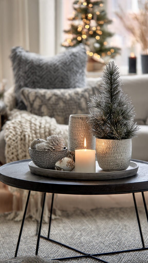 Christmas Coffee Table Decor: 7 Effortless Ideas small round coffee table with minimal Christmas styling, three items only