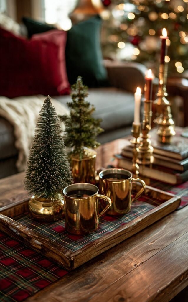 Christmas Coffee Table Decor: 7 Effortless Ideas Traditional Christmas coffee table decor with gold mini trees, brass candlesticks, and plaid tray