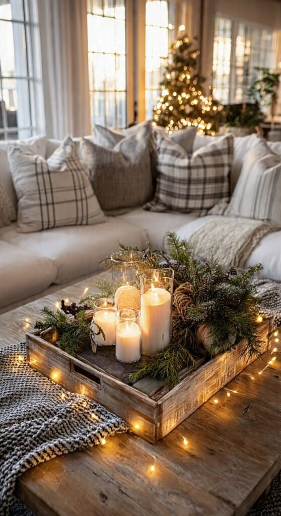 Christmas Coffee Table Decor: 7 Effortless Ideas cozy living room coffee table styled with Christmas greenery, candles, and a wooden tray, warm lighting