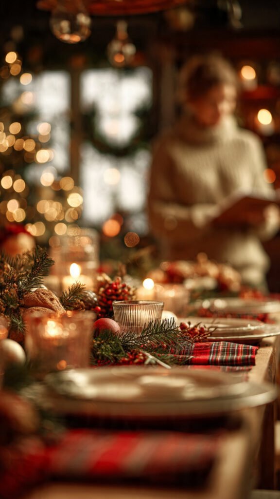 host checking a party planning checklist next to a decorated Christmas table