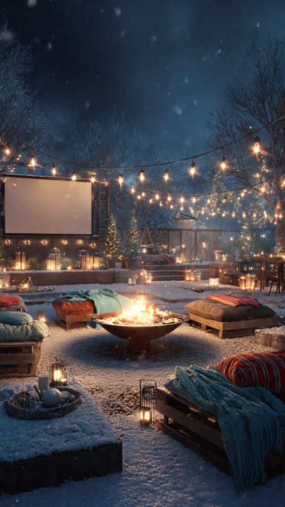 backyard fire pit surrounded by string lights and blankets for a Christmas party