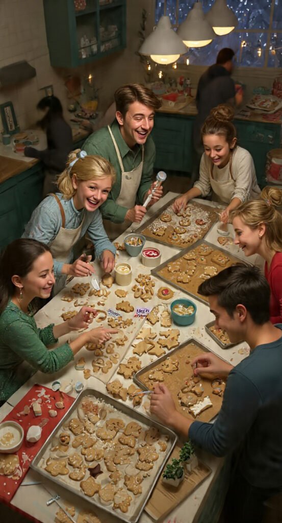  AI-generated illustration of a group decorating Christmas cookies together at a holiday party