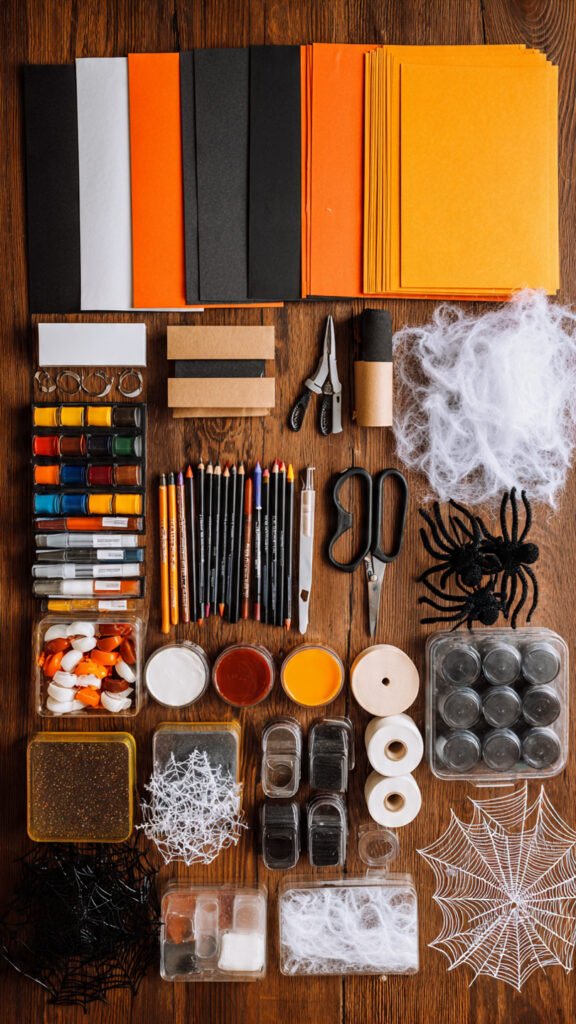 Making Homemade Halloween Decorations: 15 Easy Ideas 2026 flat lay of household materials organized by category for Halloween crafting