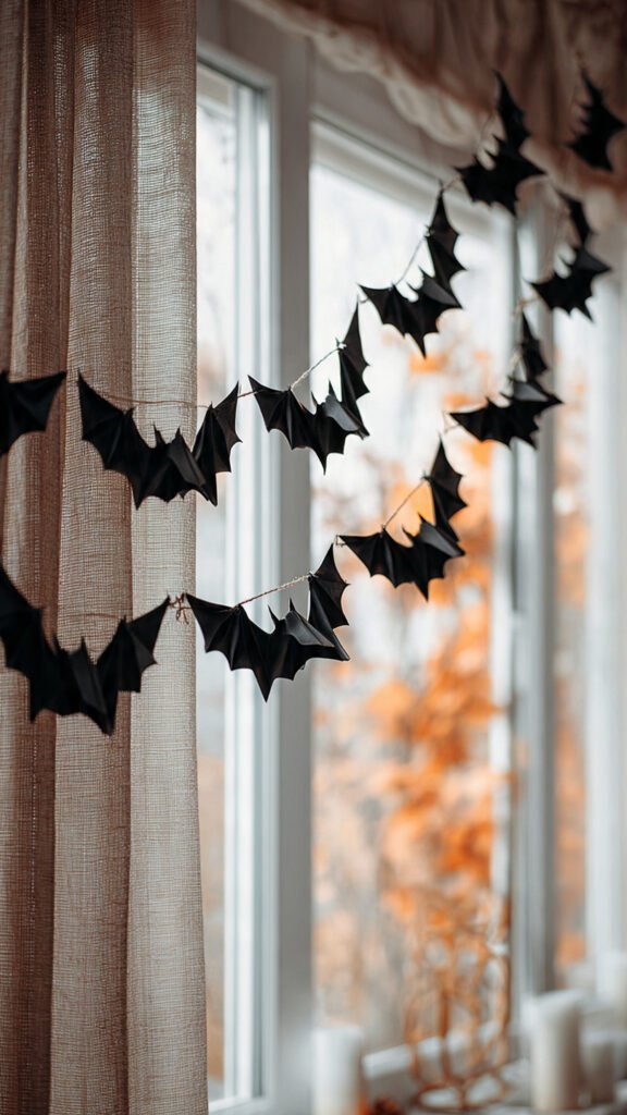 Making Homemade Halloween Decorations: 15 Easy Ideas 2026 black paper bat garland hung across a window