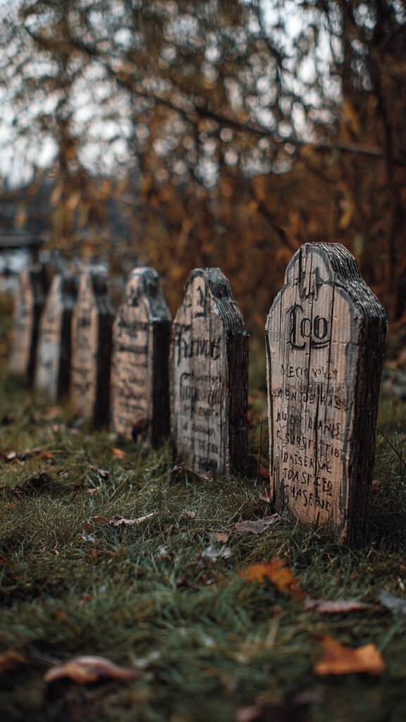 Making Homemade Halloween Decorations: 15 Easy Ideas 2026 Handmade Halloween Decorations row of six aged gray DIY cardboard tombstones with hand-lettered epitaphs