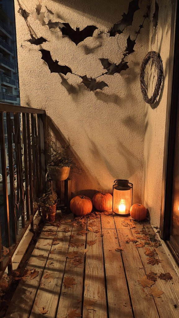 Making Homemade Halloween Decorations: 15 Easy Ideas 2026 apartment balcony with layered Halloween decor, jar luminary on the floor, wreath at eye level, bat garland overhead