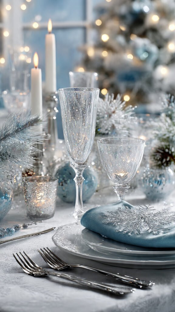 Christmas Party Themes 2026: Find Your Perfect Theme Winter Wonderland Christmas party table styled in white, silver, and ice blue