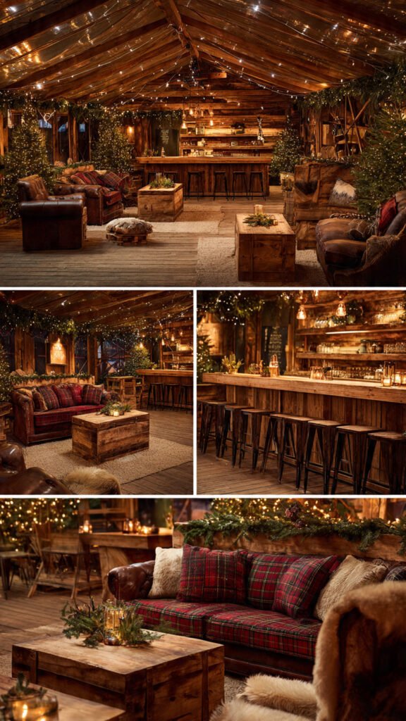 Christmas Party Themes 2026: Find Your Perfect Theme Alpine Lodge Christmas party rustic wood interior with plaid seating and fairy lights