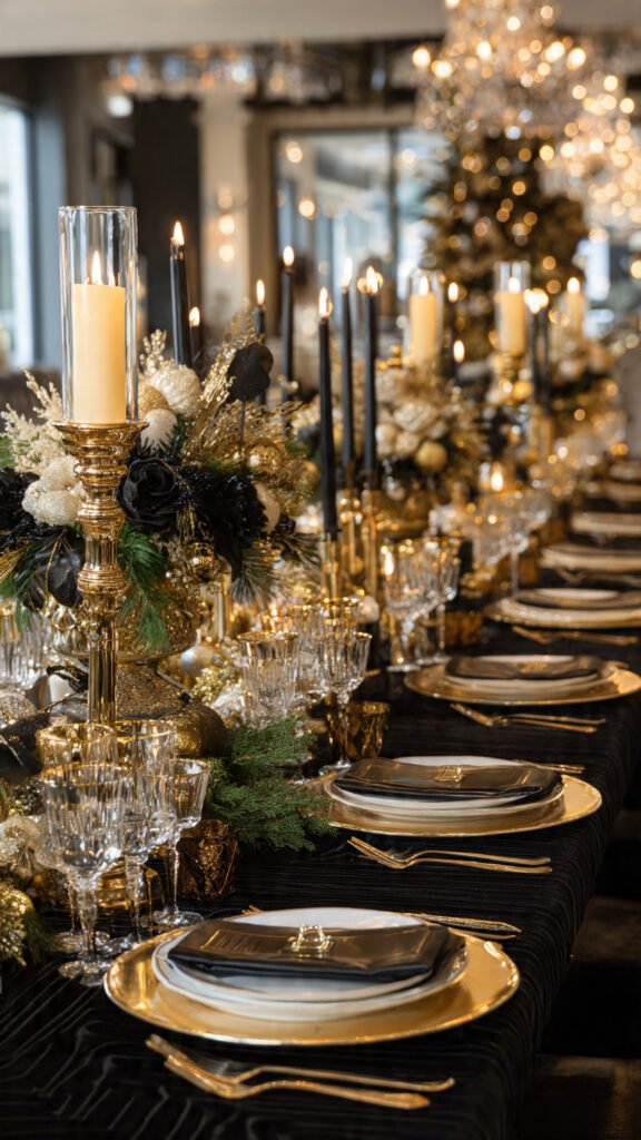 Christmas Party Themes 2026: Find Your Perfect Theme Black and gold Winter Wonderland Christmas party table setting with candles