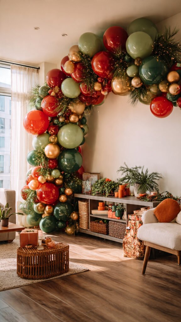 Decor Christmas Party: 5 Easy Ideas (2026) DIY Christmas party balloon garland backdrop wall in red, green, and gold