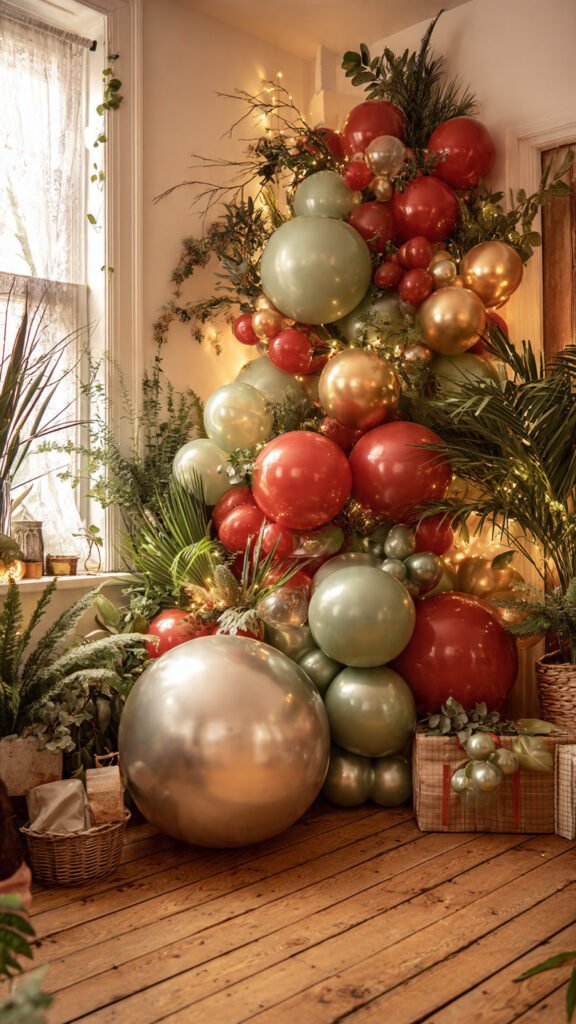 Decor Christmas Party: 5 Easy Ideas (2026) Organic balloon tree cluster with faux greenery