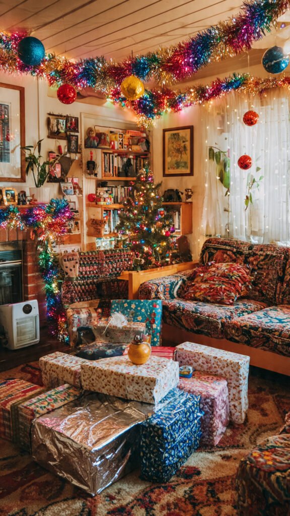 Decor Christmas Party: 5 Easy Ideas (2026) 90s nostalgic decor with chunky tinsel and mismatched ornaments