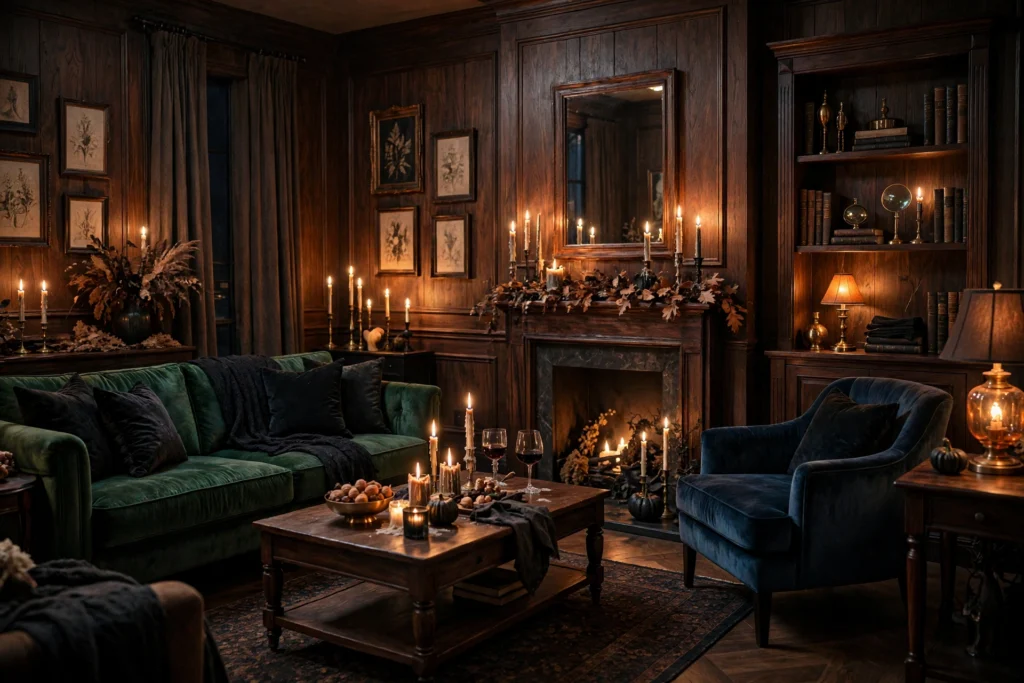 Grown up Halloween party dark moody living room ambiance.