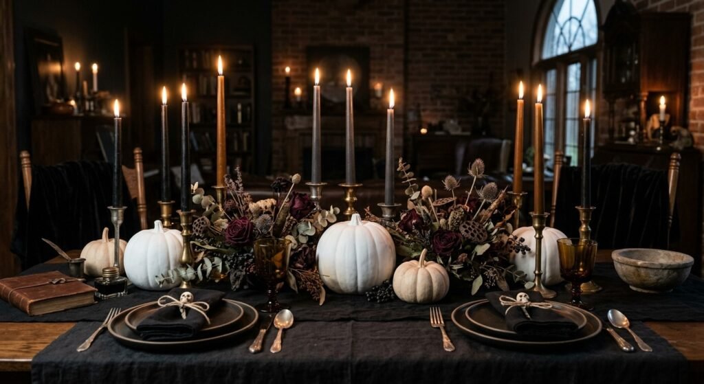 Grown up Halloween table decor gothic tablescape with candles and pumpkins