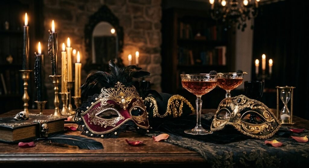 Grown up Halloween gothic masquerade theme with venetian masks