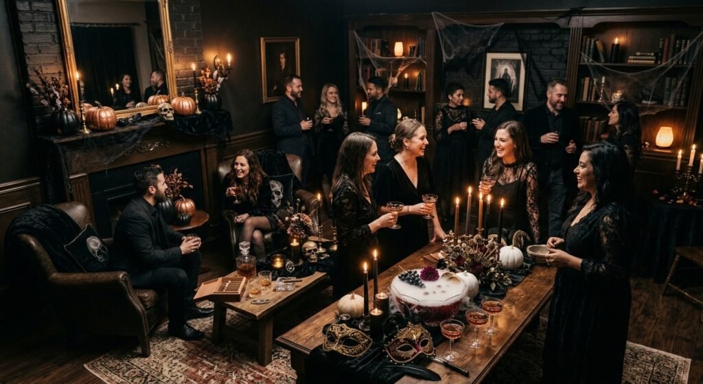 Grown up Halloween party full room setup with guests