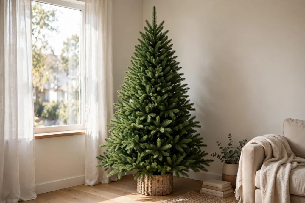 how to decorate a christmas tree - full cone-shaped tree in a living room corner before decorating