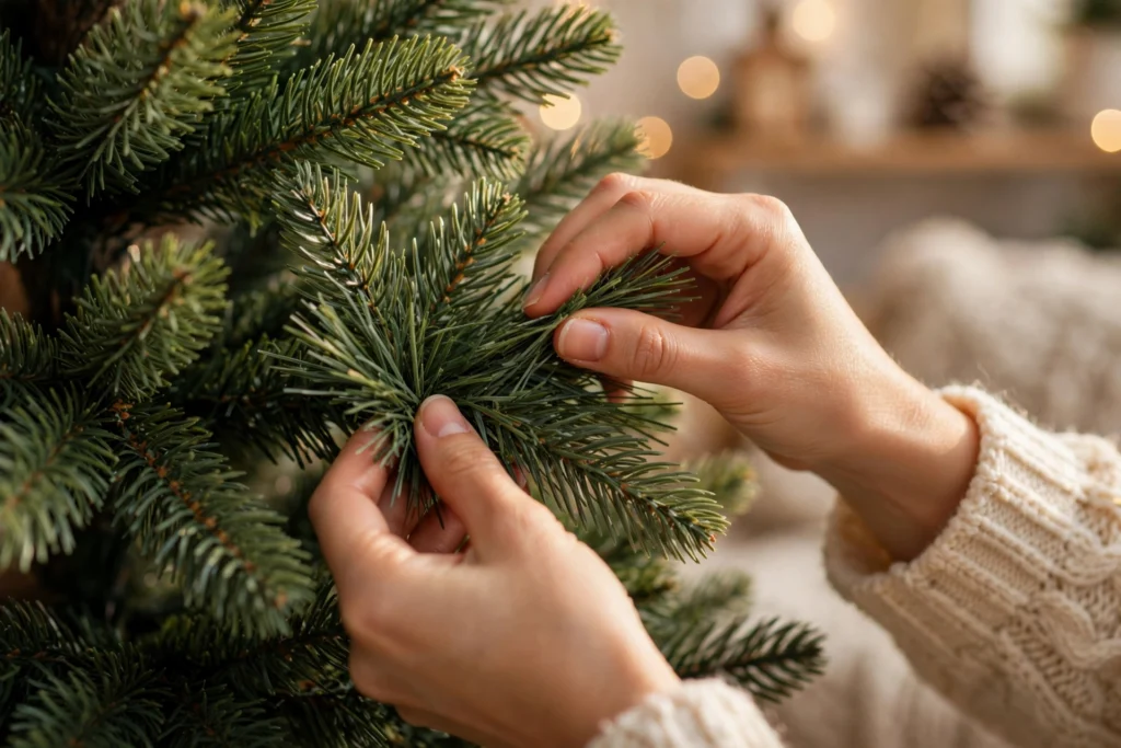 how to decorate a christmas tree - close-up of hands fluffing individual branches