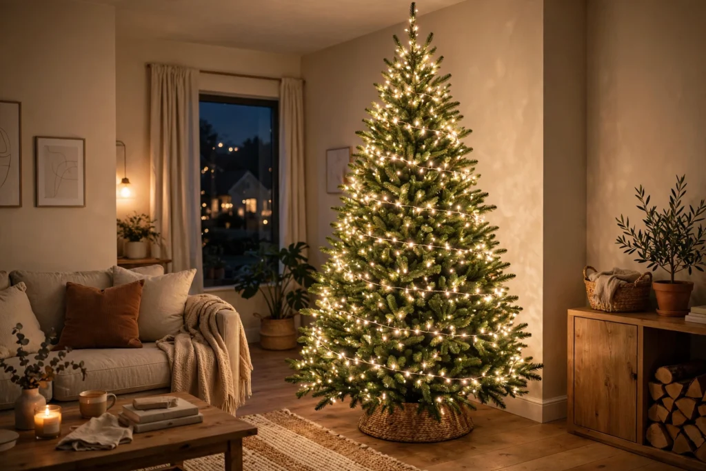 how to decorate a christmas tree with lights - branch showing lights wrapped in and out toward the trunk