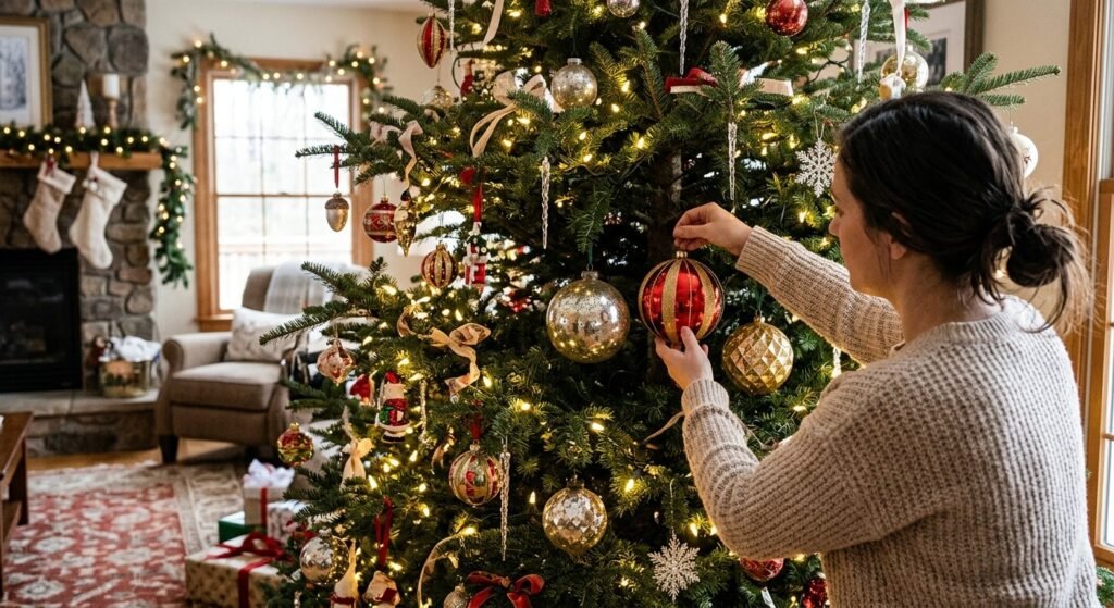 how to decorate a christmas tree with ornaments - large ornaments placed deep near the trunk